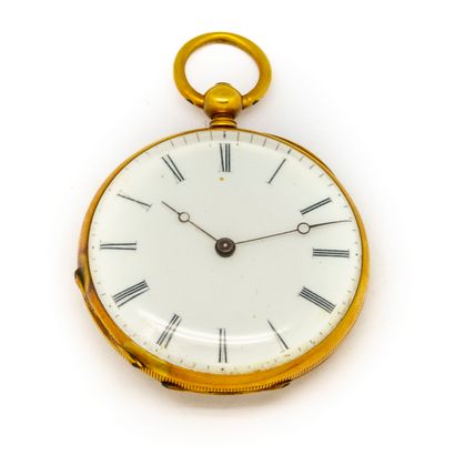 Pocket watch in yellow gold, with its leather...