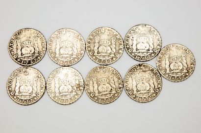 MEXIQUE Set of nine silver coins of 8 reales Philip V 1737 Mexico with the inscription...
