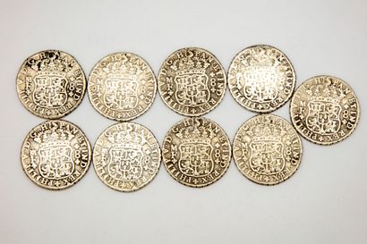 MEXIQUE Set of nine silver coins of 8 reales Philip V 1737 Mexico with the inscription...