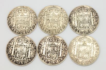  Ensemble de six pièces en argent de 8 reales Ferdinand VII 1821 (2e type) Guatemala...