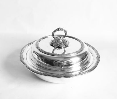 null Covered vegetable dish in white metal with a moving border, molded with ribboned...