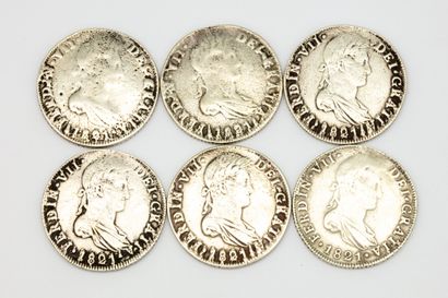 null Set of six silver coins of 8 reales Ferdinand VII 1821 (2nd type) Guatemala...