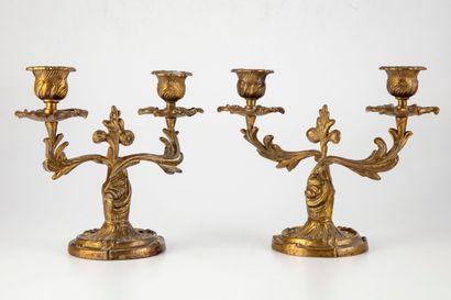 null Pair of gilt metal candlesticks with two arms of light. Rocaille style 

H....