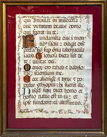 null Page de livres en latin sur parchemin ornée de lettres enluminées

66 x 48,5...