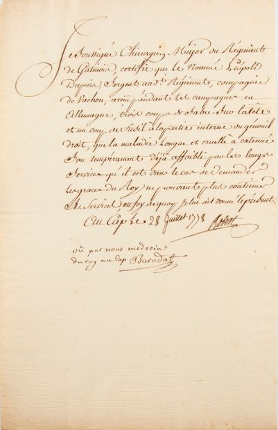 null [Médecins et chirurgiens]. [XVIIIème siècle]. Ensemble de pièces signées de...