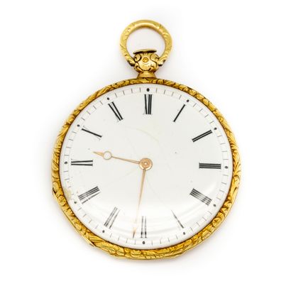 null Yellow gold pocket watch, enameled dial with Roman numerals, yellow gold double...