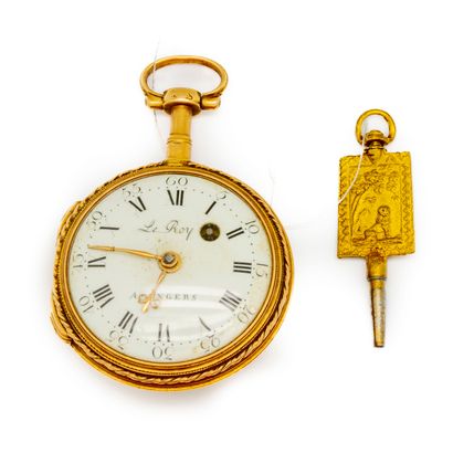 null Yellow gold pocket watch, the back decorated with an engraved scene of the Raven...