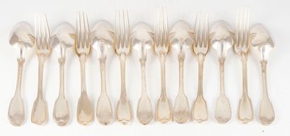 null A set of mismatched flatware including 6 forks and 7 spoons in silver, threaded...