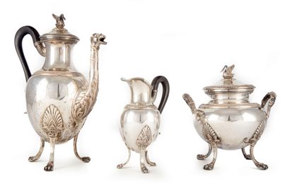 null Silver coffee service with a molded border of palmette frieze, including a coffee...