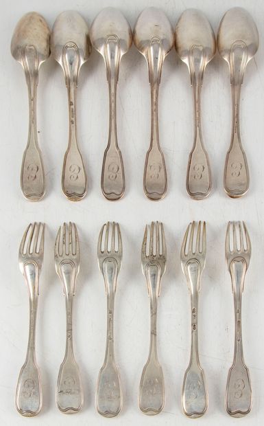 null Set of six silver cutlery, filets and contours model, numbered "E". Eighteenth...