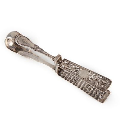 null Silver asparagus tongs molded, openwork and chased with a floral motif and palmettes....