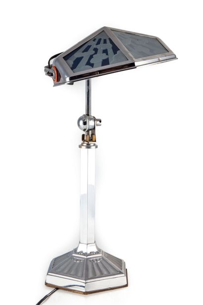 null Articulated desk lamp "Pirouett" in chromed metal decorated with frosted glass...