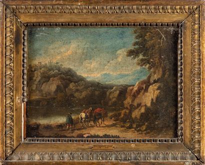 null Attribué à Jean-Baptiste PILLEMENT (Lyon 1728-1808)
Paysage rocheux avec villageois...