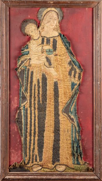 null Two panels embroidered with silk threads representing a Virgin and Child and...