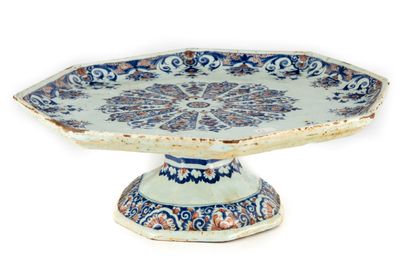 ROUEN ROUEN
Tray on pedestal of polygonal shape in earthenware with blue and red...