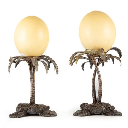 Pair of ostrich eggs mounted on silver-plated...