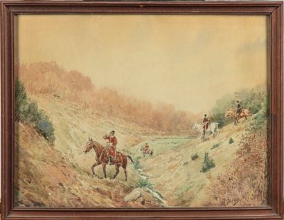 HENRI DODELIER Henri DODELIER (1862-1945)
The hunting with hounds 
Pair of watercolors,...