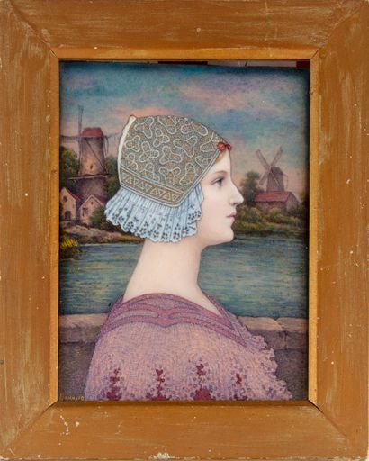 PAUL BONNAUD Paul BONNAUD (1876-1953)
Portrait of a Dutch woman in profile with cap...