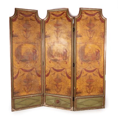 null Important screen with three leaves framed in molded wood lacquered green and...