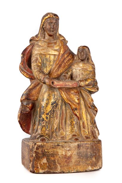 null Patinated and gilded wooden statuette representing Saint Anne and the Virgin...