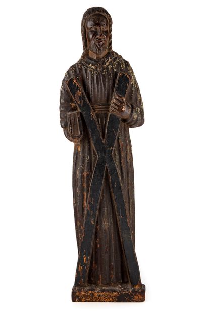 null Sculpture d'applique représentant Saint André tenant sa croix en bois et traces...