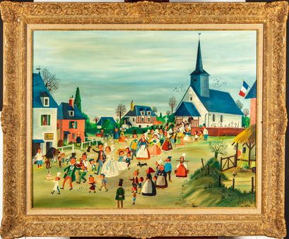 ROBERT GRING Robert GRING (1922-1995) 
Le Mariage au village 
Huile sur toile, signée...