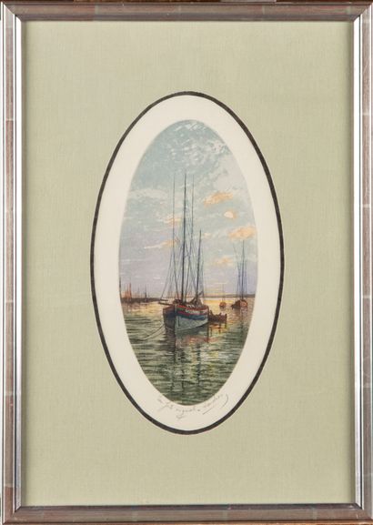 null FRENCH SCHOOL 20th century

Sailboats at dusk 

Pair of etchings in color, countersigned...