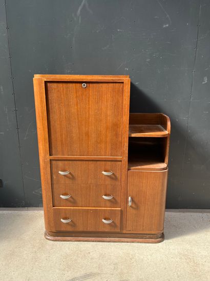 null Small secretary in natural wood opening with a flap and three drawers in the...
