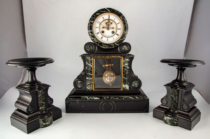 null Important marble fireplace set including a clock and a pair of cassolettes....