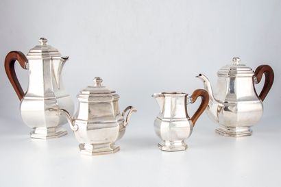 null Silver tea and coffee set with wooden handles, including a teapot, a coffee...