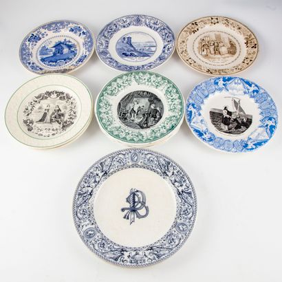 null Set of 11 enamelled earthenware plates decorated with scenes, various manufacture...