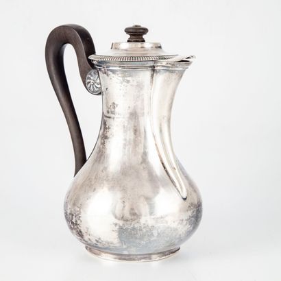 null Silver coffee pot decorated with a frieze of gadroons, blackened wood take....
