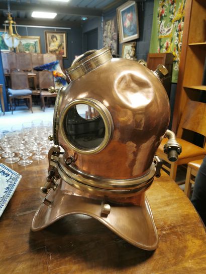 null Scuba helmet for harbor work in copper and brass, pewter interior, brass latch,...
