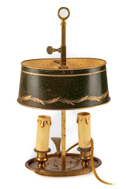 null 
Small lamp bouillotte with two arms of light in painted sheet metal, bronze...