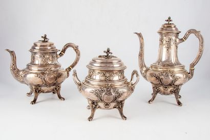 BOIVIN Silver tea and coffee set in Rocaille style, decorated with a leafy cartouche,...