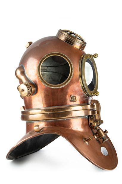 null Scuba helmet for harbor work in copper and brass, pewter interior, brass latch,...