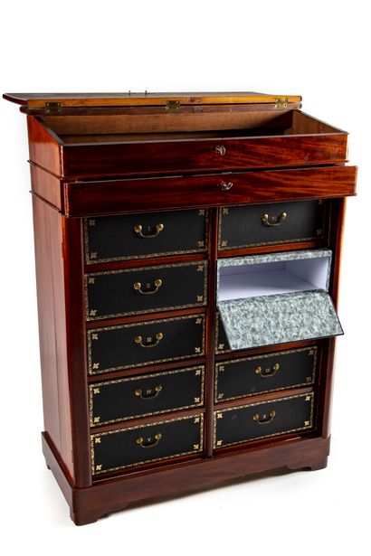 null 
Mahogany and mahogany veneer notary furniture. Upper part with leather-covered...