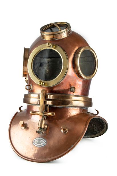 null Scuba helmet for harbor work in copper and brass, pewter interior, brass latch,...