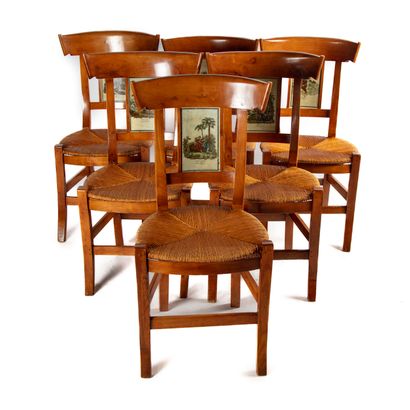 null Suite of six chairs in cherry wood with bands and openwork back decorated with...