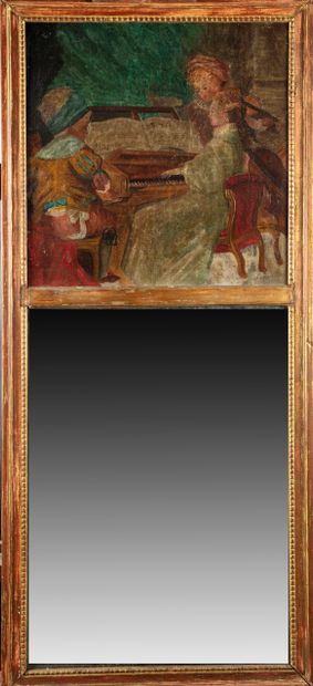 null Trumeau of between window in gilded wood surmounted by a painting representing...