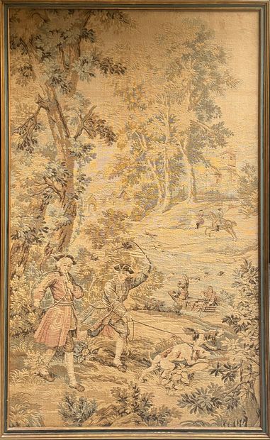 null Tapisserie jacquard représentant une scène de chasse dans le style du XVIIIe....