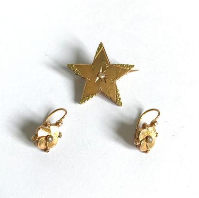 null Pair of yellow gold sleeper earrings in the shape of flowers adorned with small...