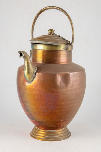 null Covered copper and brass jug of baluster form with handle and spout in the shape...