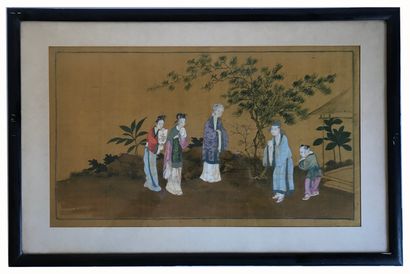 null CHINE 
Ensemble de trois estampes sur soie représentant différentes scènes animées...