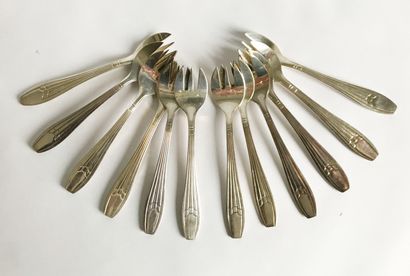 Douze fourchettes à huitre en métal argenté...