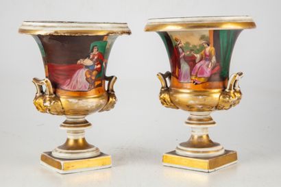 null PARIS 
Pair of enamelled porcelain vases with painted scenes of gallantry and...