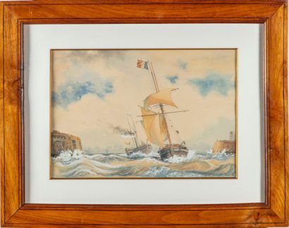 null 19th CENTURY FRENCH SCHOOL - After Edward William COOKE
Sailboat
Watercolor...