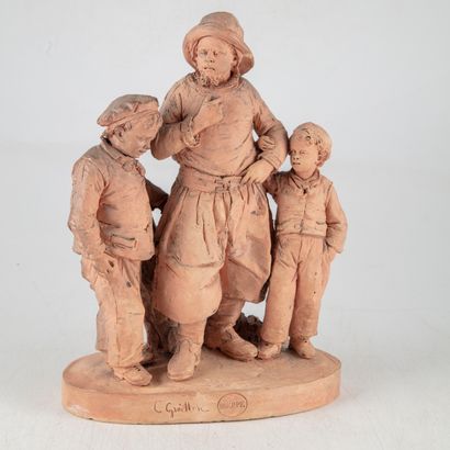 null César GRAILLON (1831-1913) 
Group in terra cotta, the fisherman and the children,...