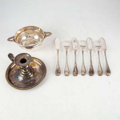 null CHRISTOFLE 
Small set including an ear bowl, a hand candlestick, 3 forks and...