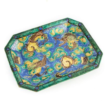 null CHINA 
Rectangular dish with cut sides in glazed ceramic, in the Ming blue and...